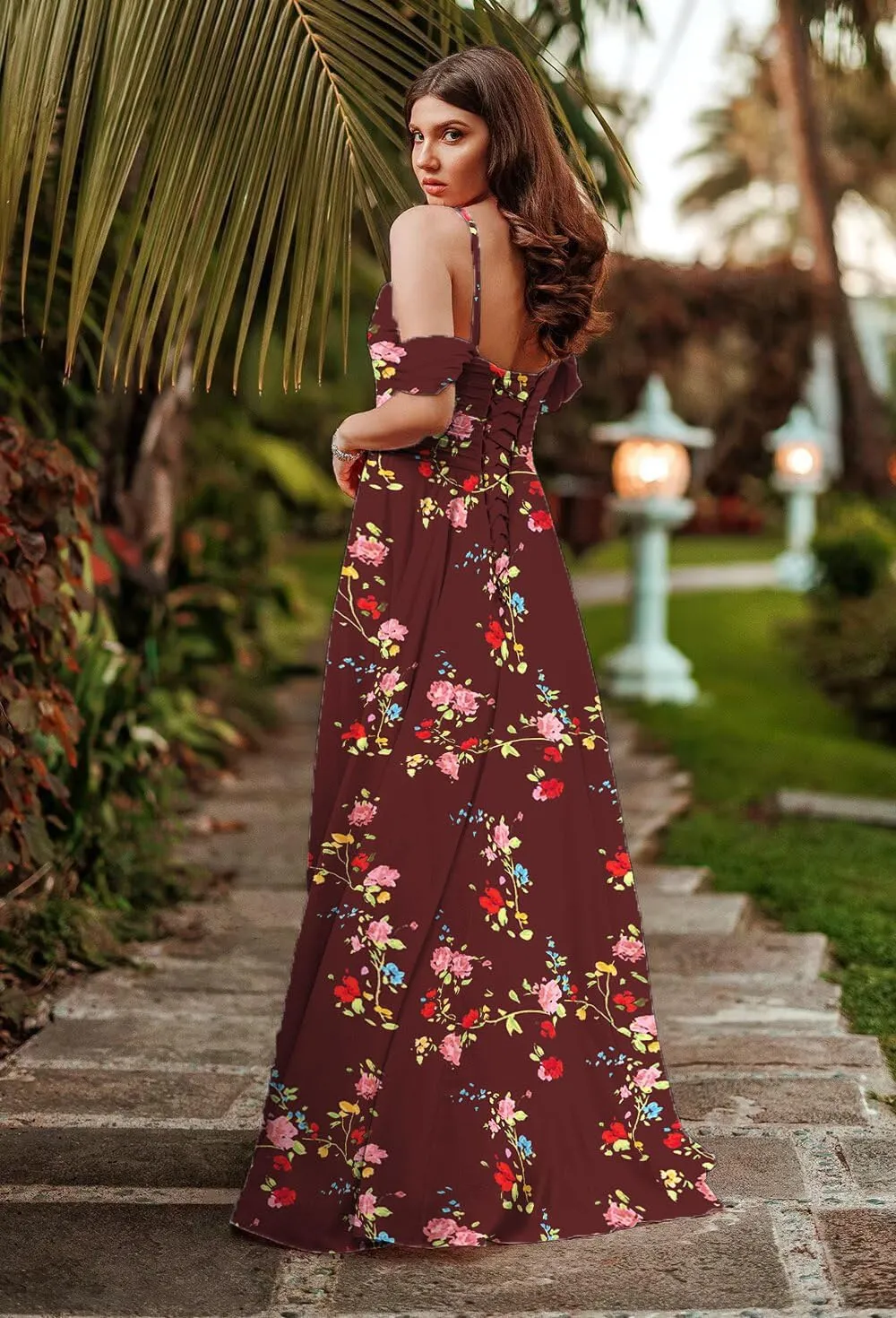Off Shoulder Bridesmaid Dresses for Women Chiffon Floral Long Prom Dresses Spaghetti Straps Formal Evening Gown