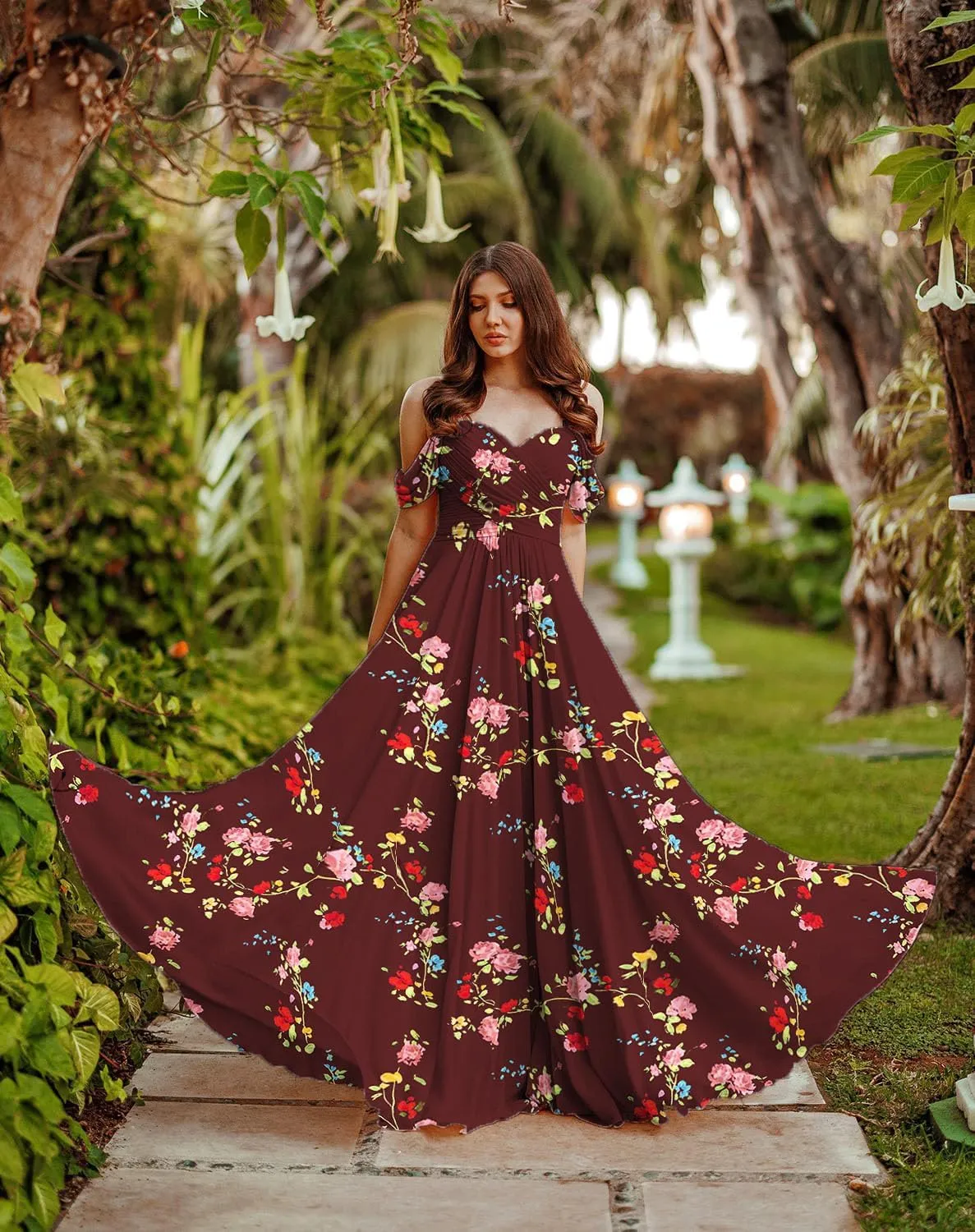 Off Shoulder Bridesmaid Dresses for Women Chiffon Floral Long Prom Dresses Spaghetti Straps Formal Evening Gown