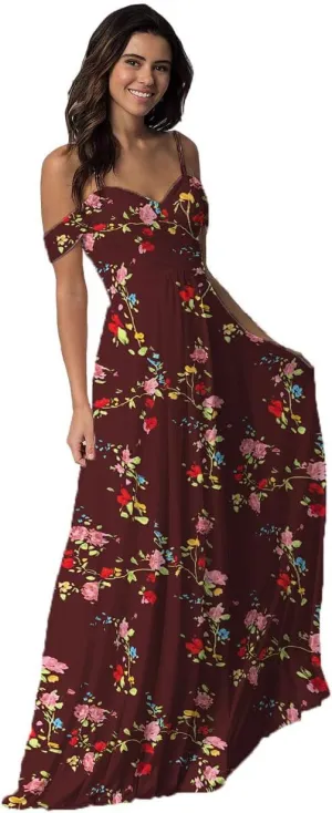 Off Shoulder Bridesmaid Dresses for Women Chiffon Floral Long Prom Dresses Spaghetti Straps Formal Evening Gown