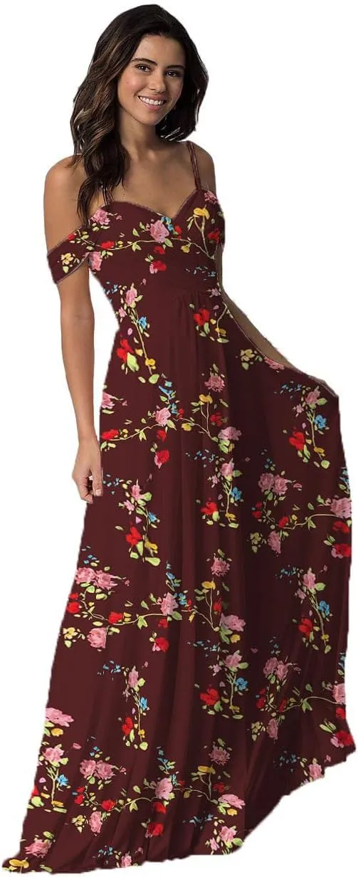 Off Shoulder Bridesmaid Dresses for Women Chiffon Floral Long Prom Dresses Spaghetti Straps Formal Evening Gown