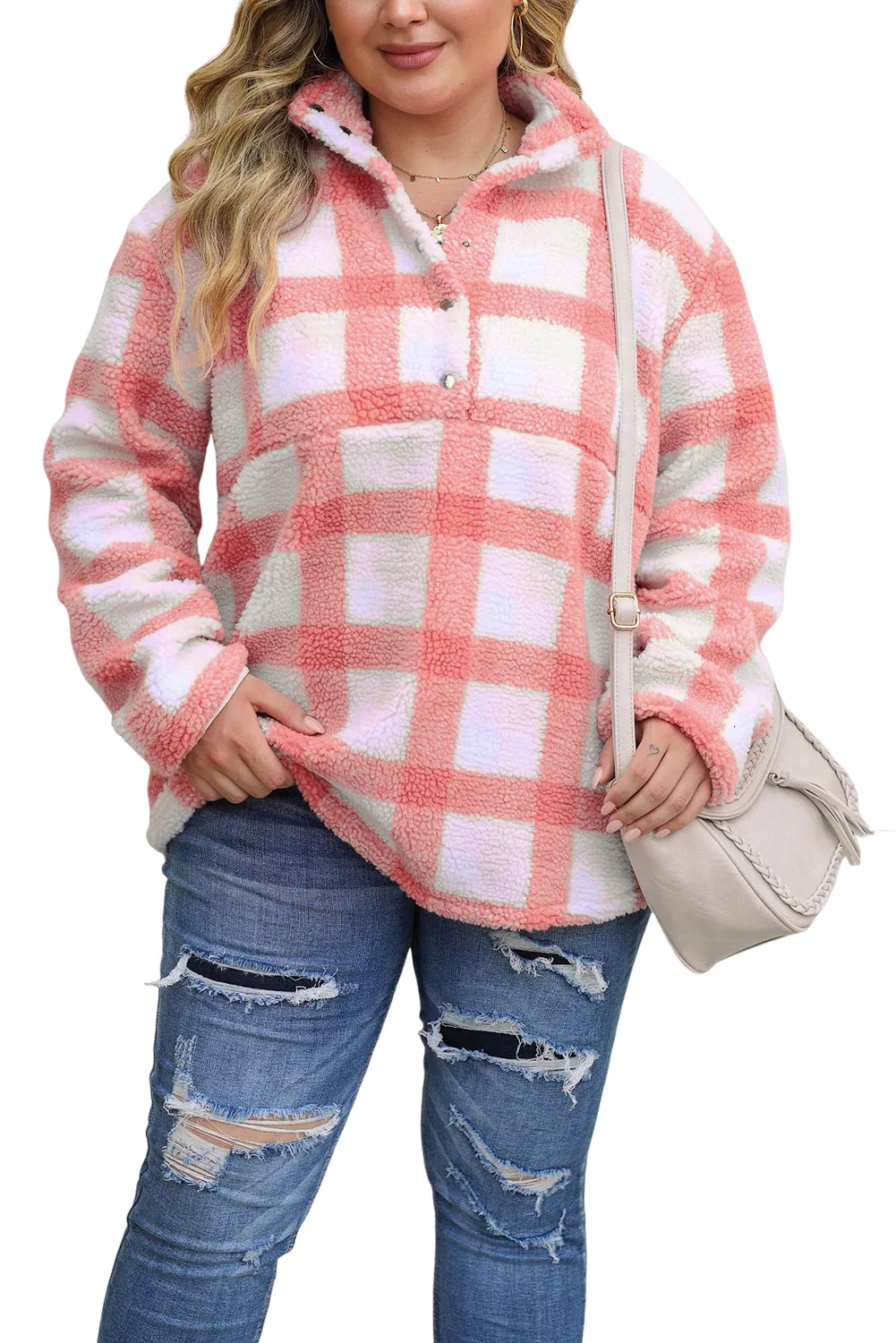 Pink Plus Size Tunic Plaid Sherpa Henley Sweatshirt