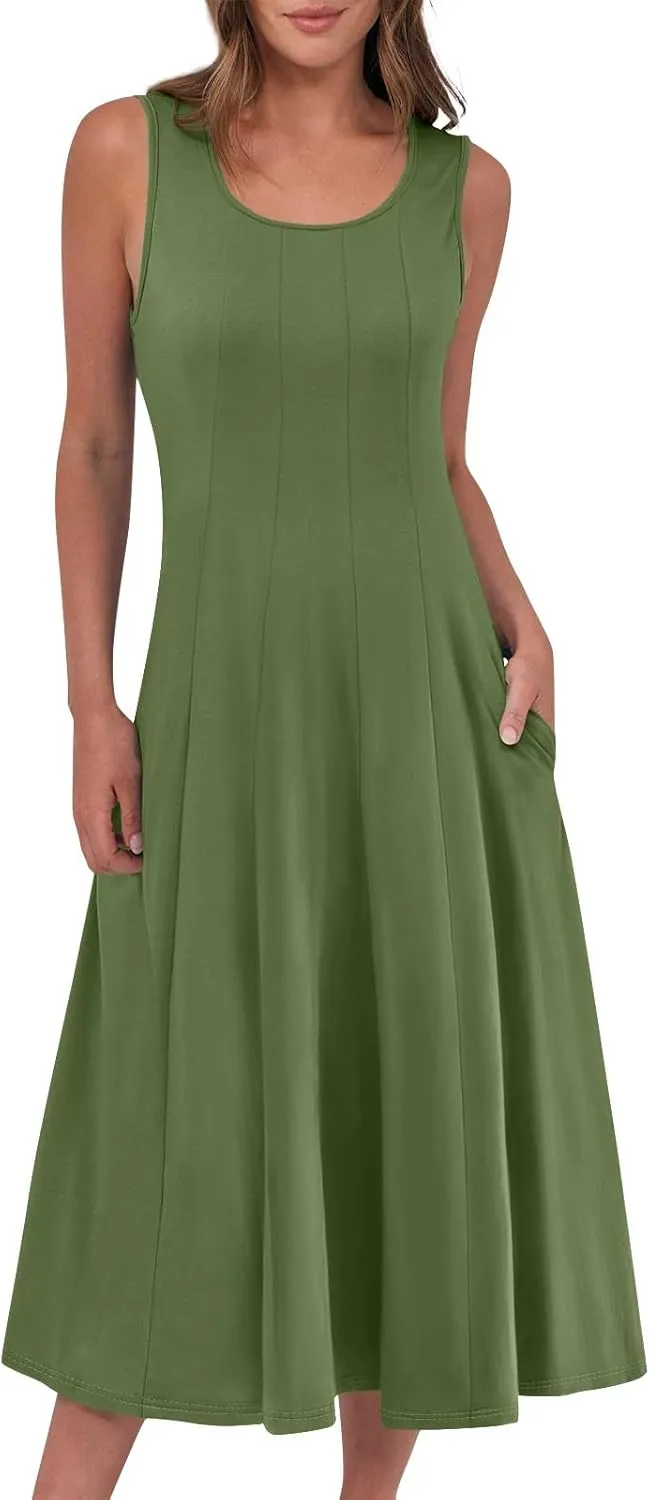 Plus Size Dresses for Curvy Women Summer Midi Sleeveless Pleated Dresses Crew Neck Club A Line Dress with Pocket