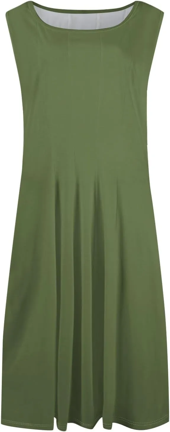 Plus Size Dresses for Curvy Women Summer Midi Sleeveless Pleated Dresses Crew Neck Club A Line Dress with Pocket