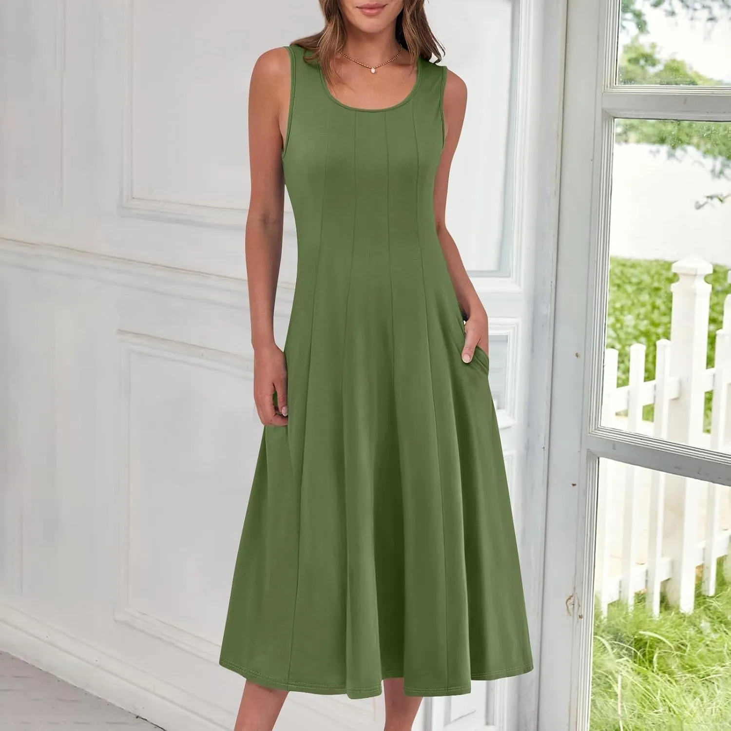 Plus Size Dresses for Curvy Women Summer Midi Sleeveless Pleated Dresses Crew Neck Club A Line Dress with Pocket