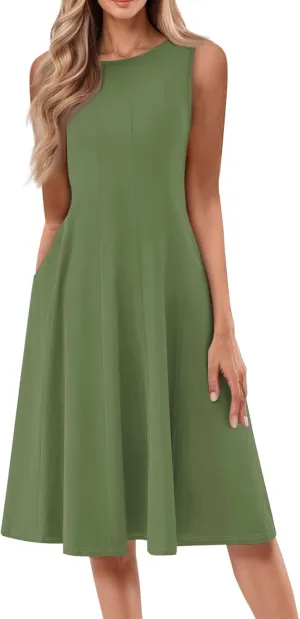 Plus Size Dresses for Curvy Women Summer Midi Sleeveless Pleated Dresses Crew Neck Club A Line Dress with Pocket
