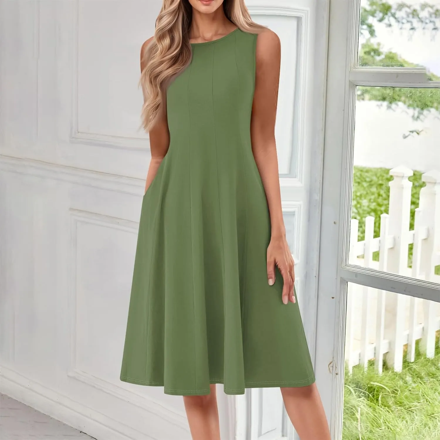 Plus Size Dresses for Curvy Women Summer Midi Sleeveless Pleated Dresses Crew Neck Club A Line Dress with Pocket