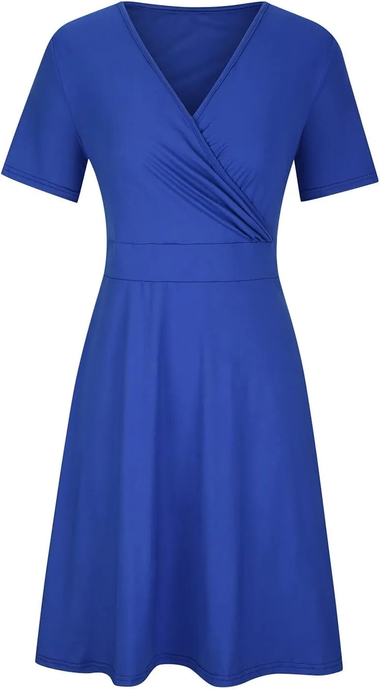 PTOLOCIF Plus Size Dresses for Curvy Women 2024 Summer Short Sleeve Wrap V Neck Midi Dress High Waisted Causal Swing Dress