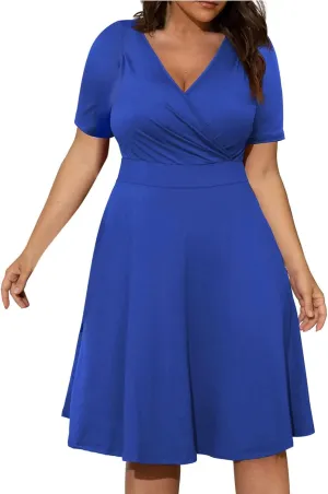PTOLOCIF Plus Size Dresses for Curvy Women 2024 Summer Short Sleeve Wrap V Neck Midi Dress High Waisted Causal Swing Dress