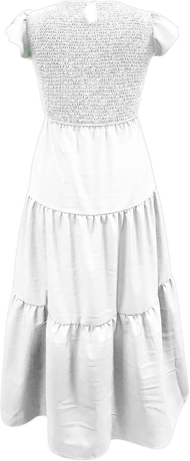 PTOLOCIF Women's Summer Casual Flutter Short Sleeve Crew Neck Smocked Elastic Waist Tiered Midi Dress Womens Sleeveless