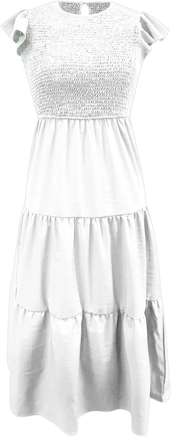 PTOLOCIF Women's Summer Casual Flutter Short Sleeve Crew Neck Smocked Elastic Waist Tiered Midi Dress Womens Sleeveless