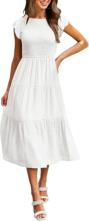 PTOLOCIF Women's Summer Casual Flutter Short Sleeve Crew Neck Smocked Elastic Waist Tiered Midi Dress Womens Sleeveless