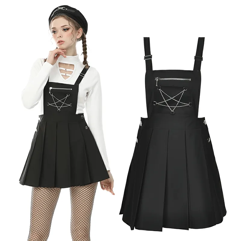 Punk Pentagram Suspender Dress with Stylish Stitching