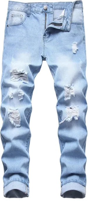 QIMYUM Mens Ripped Jeans, Distressed Destroyed Slim Fit Straight Leg Denim Pants