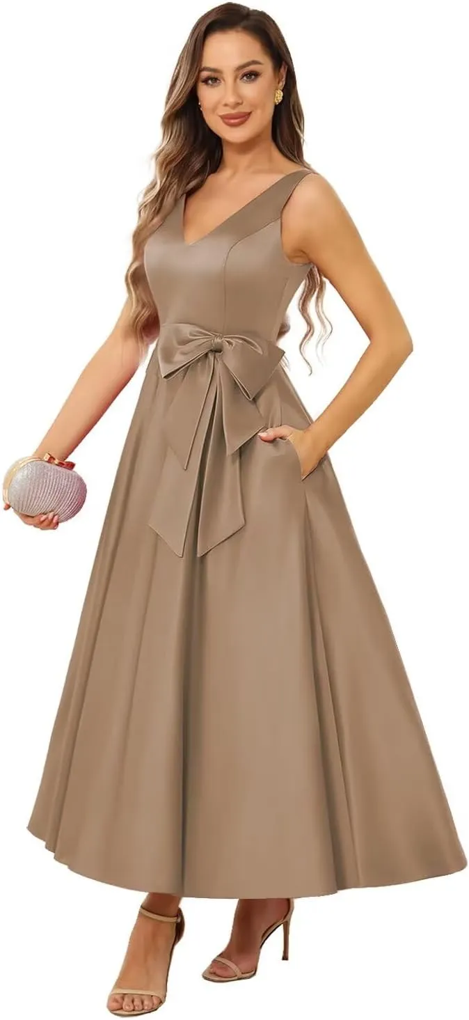 Raseal Women's V Neck Satin Mother of The Bride Dress Tea Length Fromal Evening Dress with Bow RS147