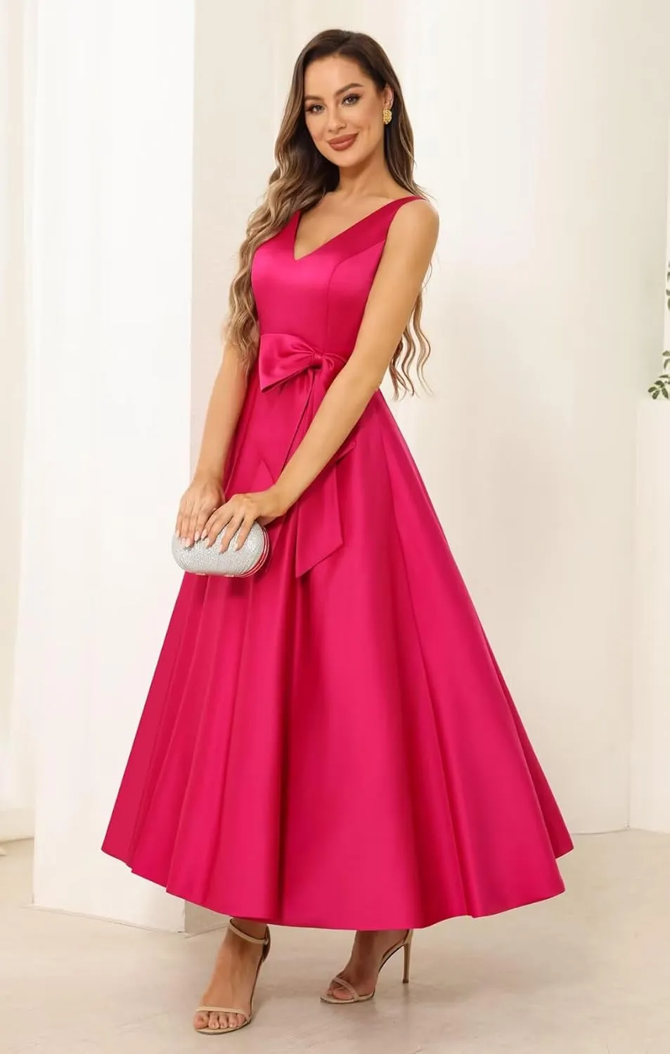 Raseal Women's V Neck Satin Mother of The Bride Dress Tea Length Fromal Evening Dress with Bow RS147