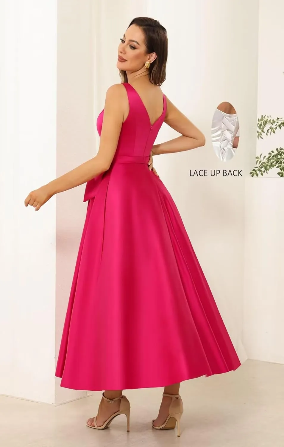 Raseal Women's V Neck Satin Mother of The Bride Dress Tea Length Fromal Evening Dress with Bow RS147