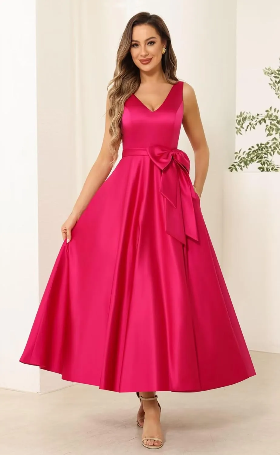 Raseal Women's V Neck Satin Mother of The Bride Dress Tea Length Fromal Evening Dress with Bow RS147