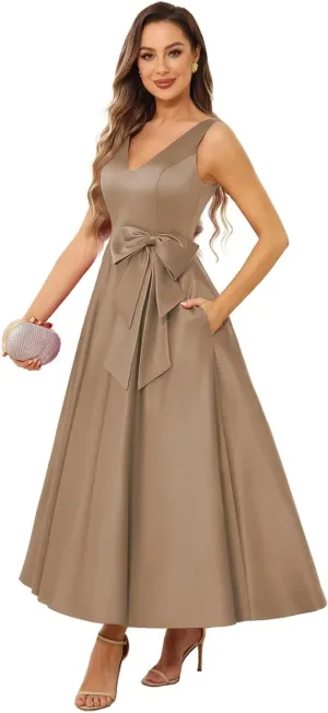 Raseal Women's V Neck Satin Mother of The Bride Dress Tea Length Fromal Evening Dress with Bow RS147
