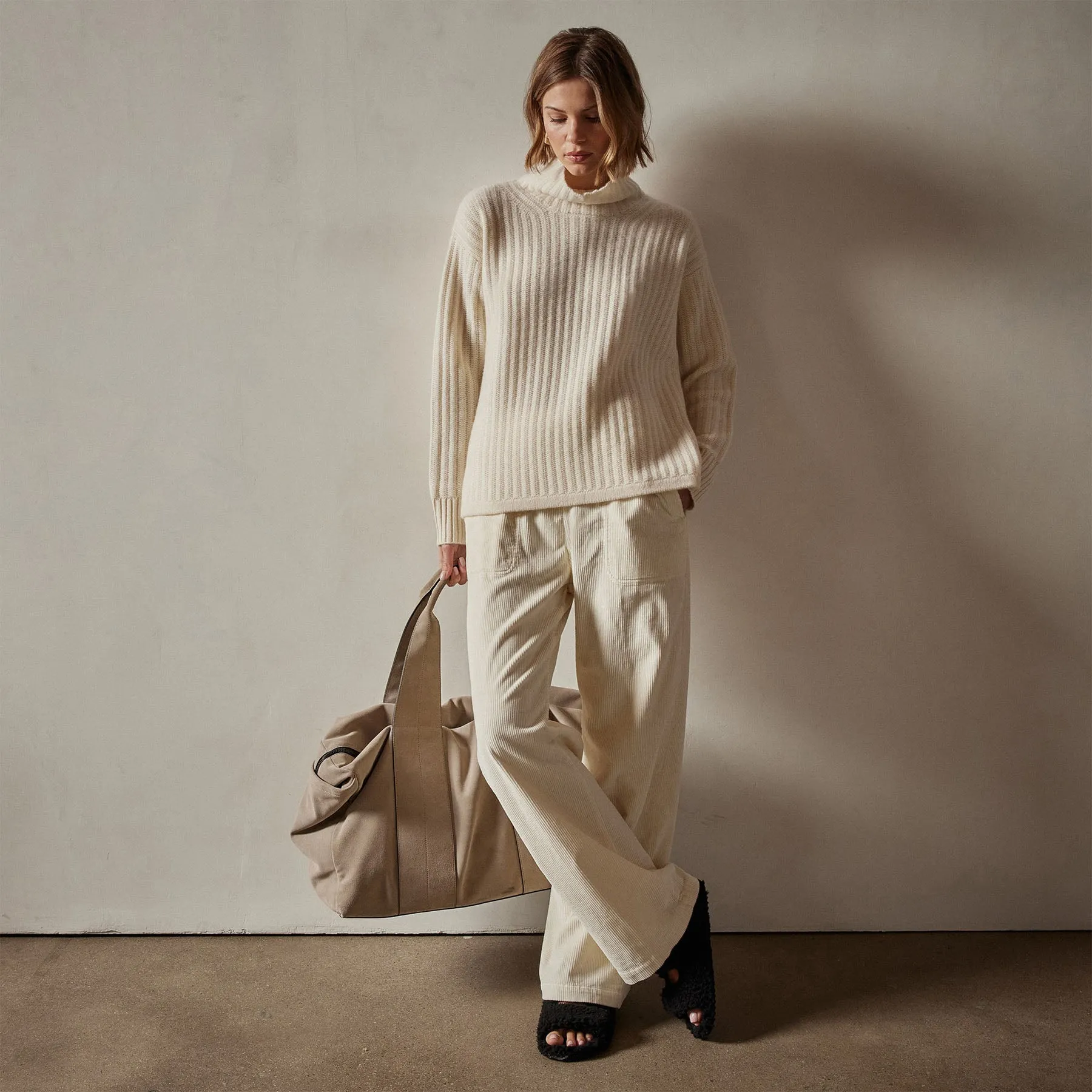 Ribbed Cashmere Funnel Neck - Ivory