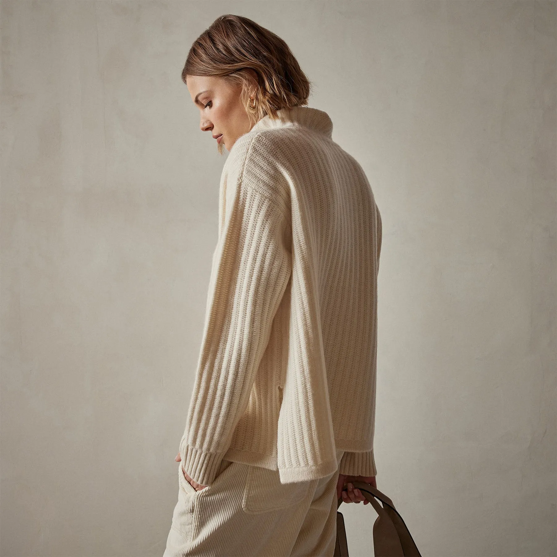 Ribbed Cashmere Funnel Neck - Ivory