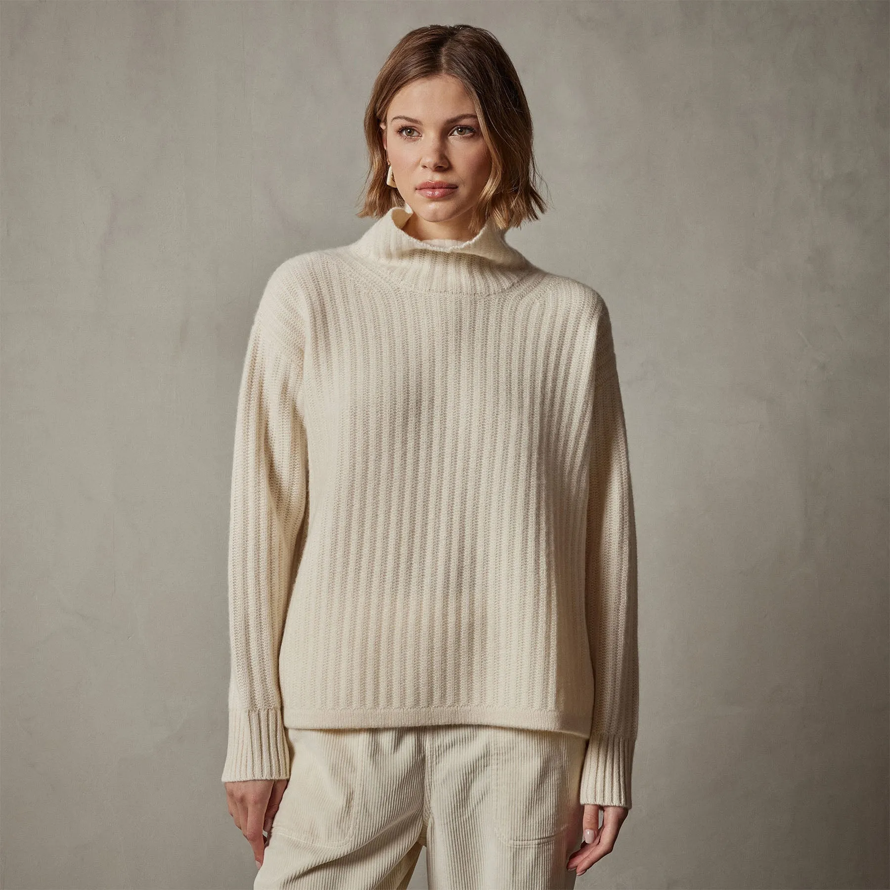 Ribbed Cashmere Funnel Neck - Ivory