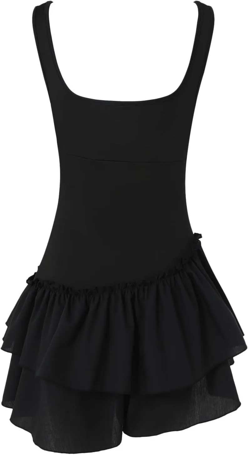 Rvidbe Summer Dresses for Women 2025,Sexy Square Neck Pleated Ruffle Hem Mini Dress Solid Color Sleeveless Waist Sling Dress