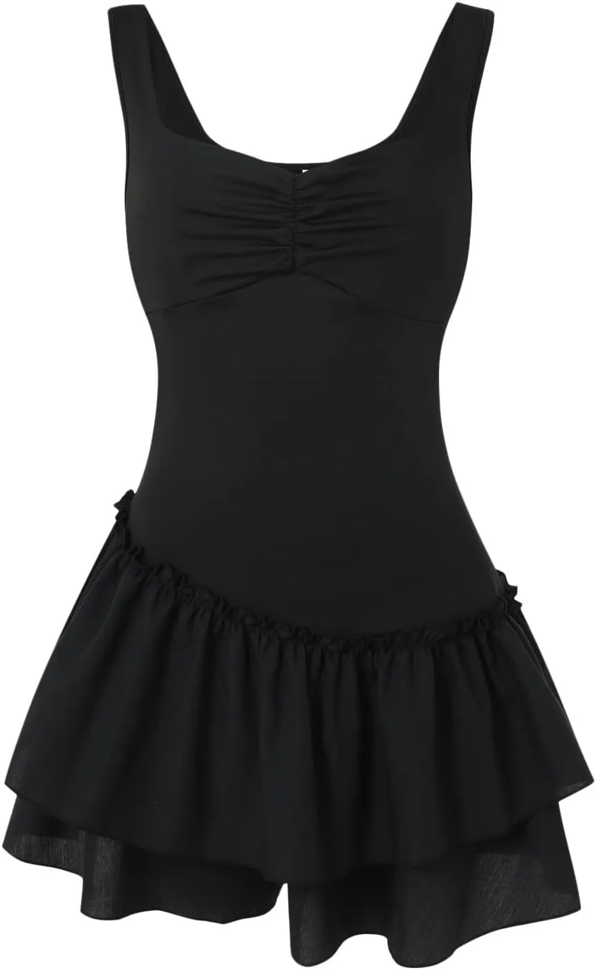 Rvidbe Summer Dresses for Women 2025,Sexy Square Neck Pleated Ruffle Hem Mini Dress Solid Color Sleeveless Waist Sling Dress