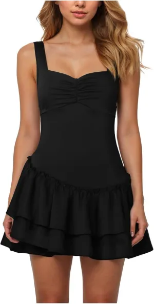 Rvidbe Summer Dresses for Women 2025,Sexy Square Neck Pleated Ruffle Hem Mini Dress Solid Color Sleeveless Waist Sling Dress