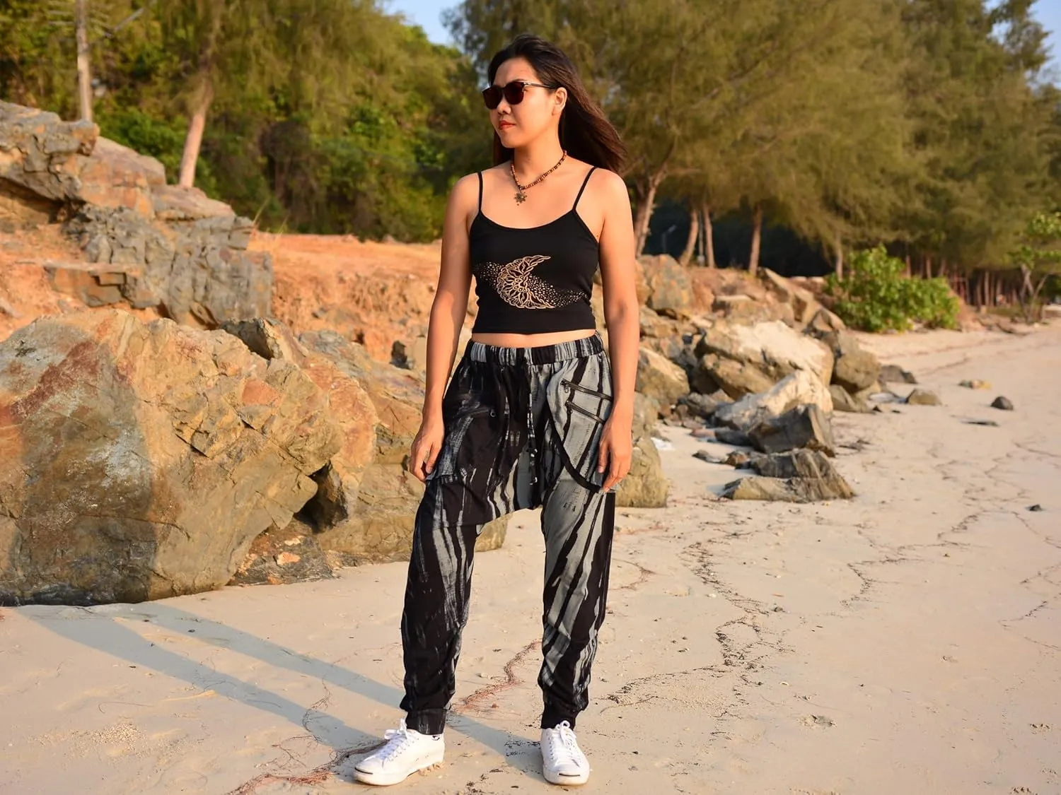 Sakoonee Casual Yoga Lounge Harem Pants Baggy Trousers Unisex Cotton 2 Pockets with Zipper