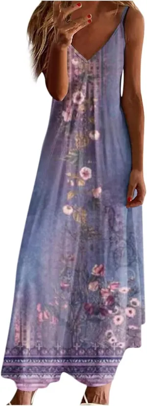 Sale Clearance Women's Summer Spaghetti Strap Elegant Long Dresses Plus Size Vacation Flowy Beach Dress Loose Floor Length Dress Summer Dresses for Women 2024 Blue XL