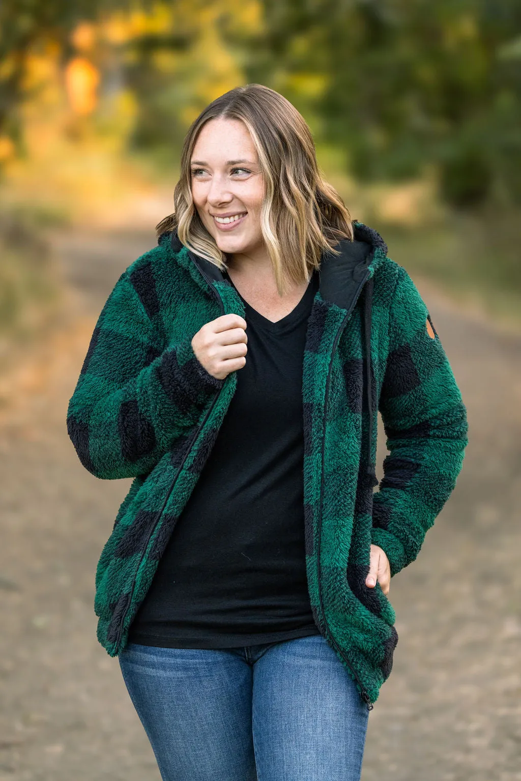 **Sherpa Full Zip Hoodie - Green Plaid FINAL SALE