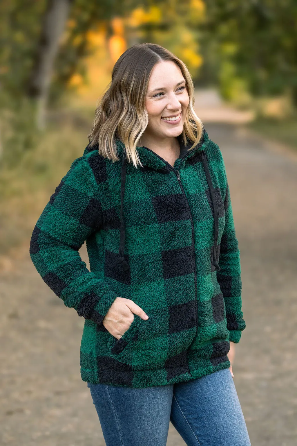 **Sherpa Full Zip Hoodie - Green Plaid FINAL SALE