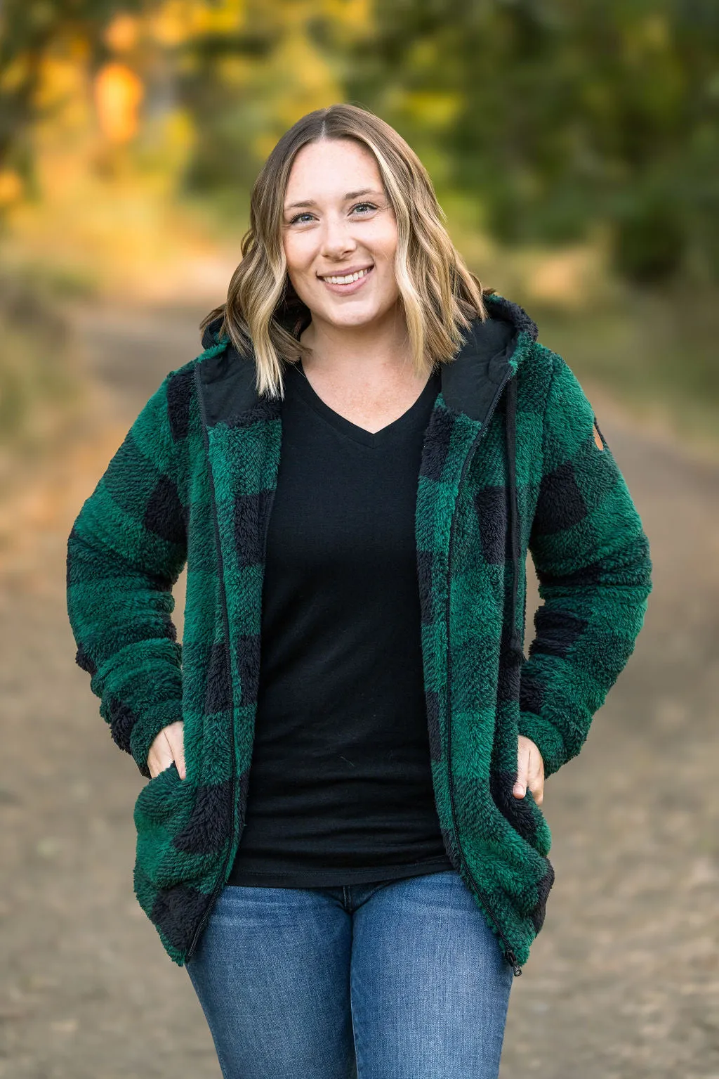 **Sherpa Full Zip Hoodie - Green Plaid FINAL SALE