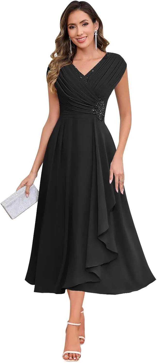 SOLODISH Mother of The Bride Dresses for Wedding Tea Length Chiffon A Line Formal Wedding Guest Party Gown