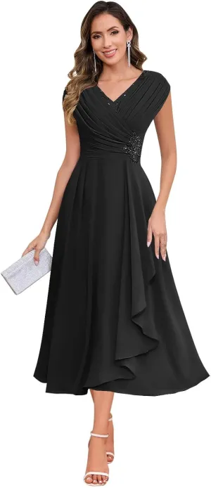 SOLODISH Mother of The Bride Dresses for Wedding Tea Length Chiffon A Line Formal Wedding Guest Party Gown