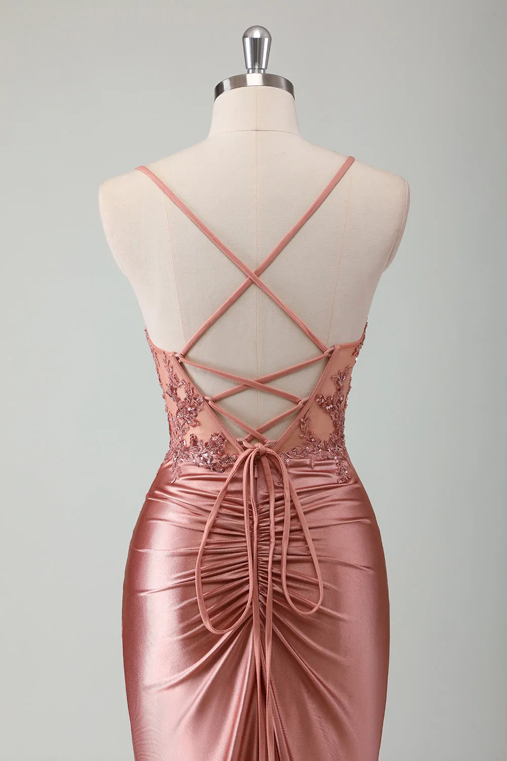 Stylish Dusty Rose Mermaid Spaghetti Straps Pleated Appliqued Prom Dress with Slit
