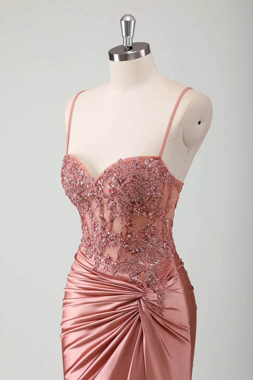 Stylish Dusty Rose Mermaid Spaghetti Straps Pleated Appliqued Prom Dress with Slit