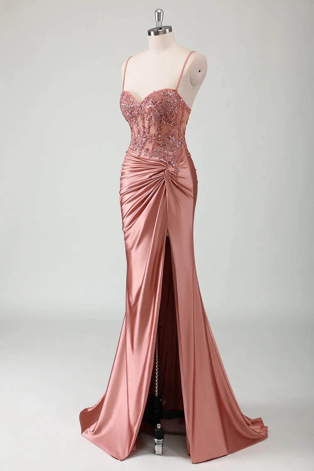 Stylish Dusty Rose Mermaid Spaghetti Straps Pleated Appliqued Prom Dress with Slit