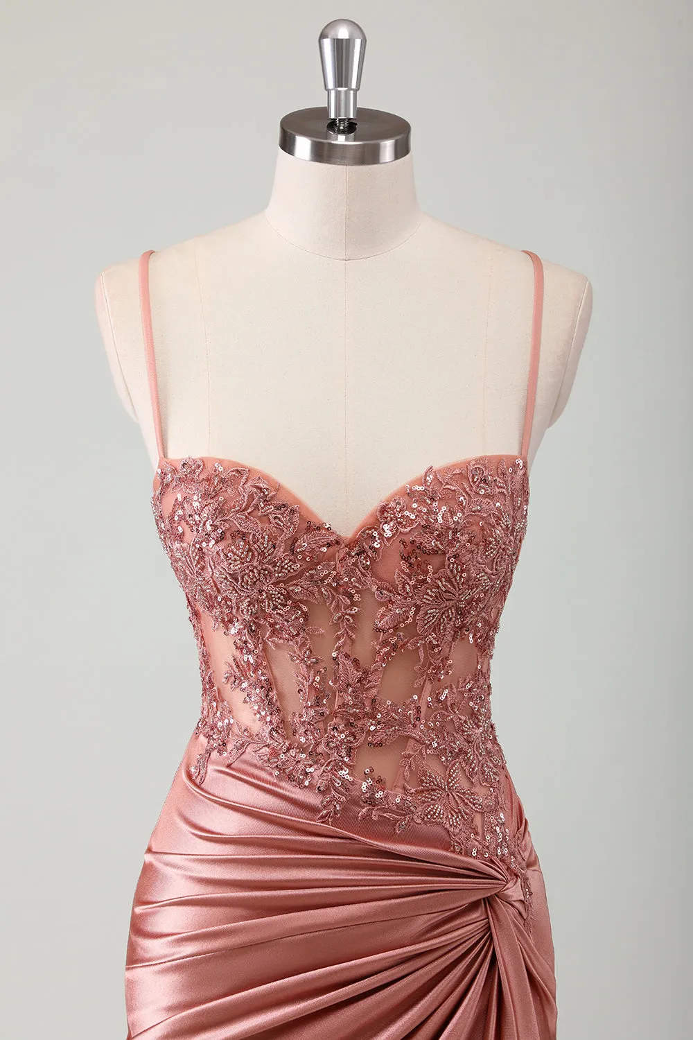 Stylish Dusty Rose Mermaid Spaghetti Straps Pleated Appliqued Prom Dress with Slit
