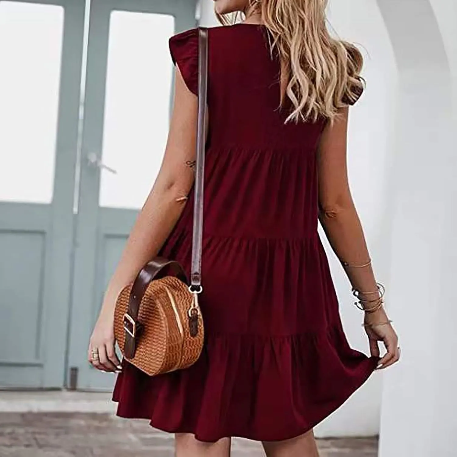 Summer Dresses for Women 2024 Cute Boho Cap Sleeve Ruffle Swing Mini Babydoll Dress Beach Vacation Sundresses