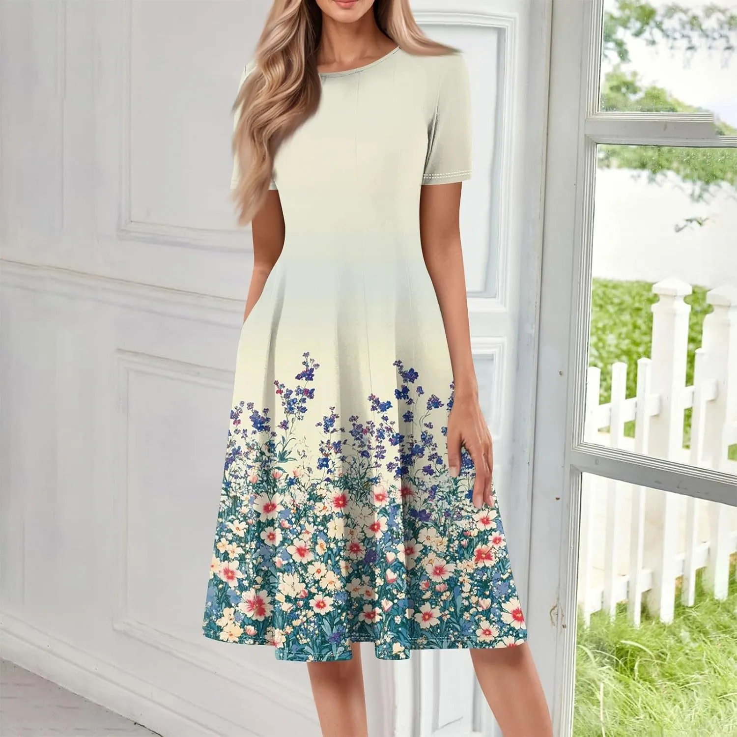 Summer Dresses for Women 2025 Beach Vacation Elegant Midi Sun Dress Crewneck Short Sleeve A Line Dress Side Pockets