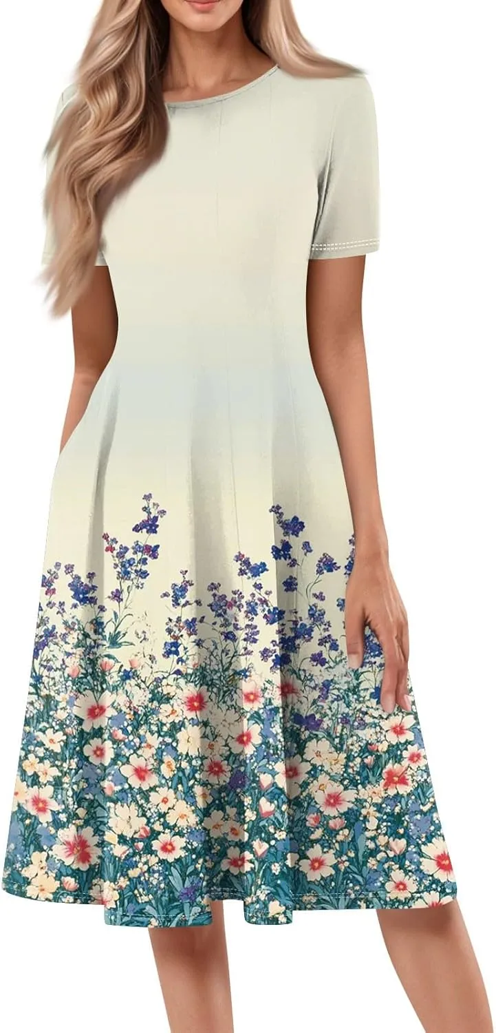 Summer Dresses for Women 2025 Beach Vacation Elegant Midi Sun Dress Crewneck Short Sleeve A Line Dress Side Pockets