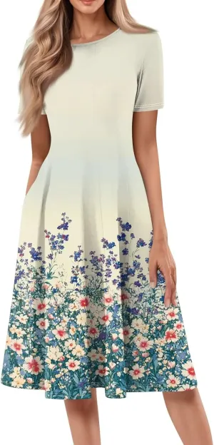 Summer Dresses for Women 2025 Beach Vacation Elegant Midi Sun Dress Crewneck Short Sleeve A Line Dress Side Pockets