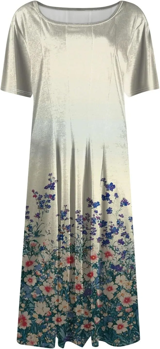 Summer Dresses for Women 2025 Beach Vacation Elegant Midi Sun Dress Crewneck Short Sleeve A Line Dress Side Pockets