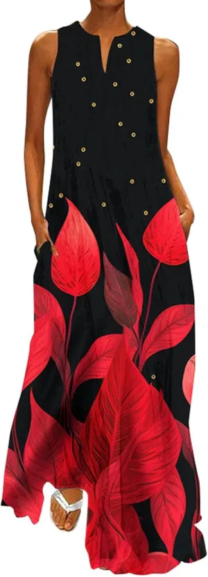 Summer Dresses for Women 2025,Women's Casual Beach Sundresses V-Neck Sleeveless Dresses Maxi Floral Printed Tank Dress