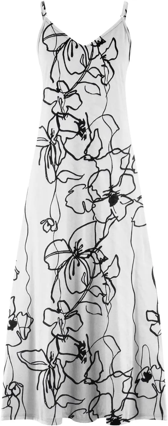 Summer Maxi Long Dresses for Women 2024 Sexy Spaghetti Strap v Neck Dress Boho Floral Print Beach Sun Dress