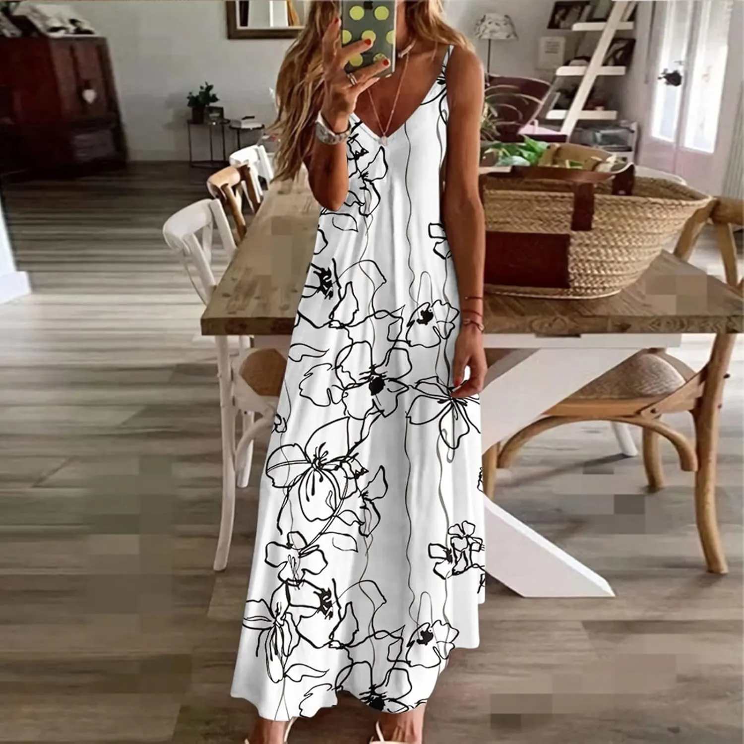 Summer Maxi Long Dresses for Women 2024 Sexy Spaghetti Strap v Neck Dress Boho Floral Print Beach Sun Dress