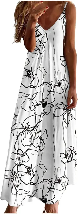 Summer Maxi Long Dresses for Women 2024 Sexy Spaghetti Strap v Neck Dress Boho Floral Print Beach Sun Dress