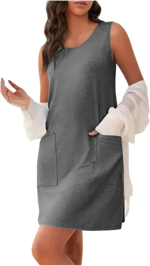 Sundresses for Women 2025 Casual Crew Neck Sleeveless Tank Dresses Solid Color Mini Dress with Pockets