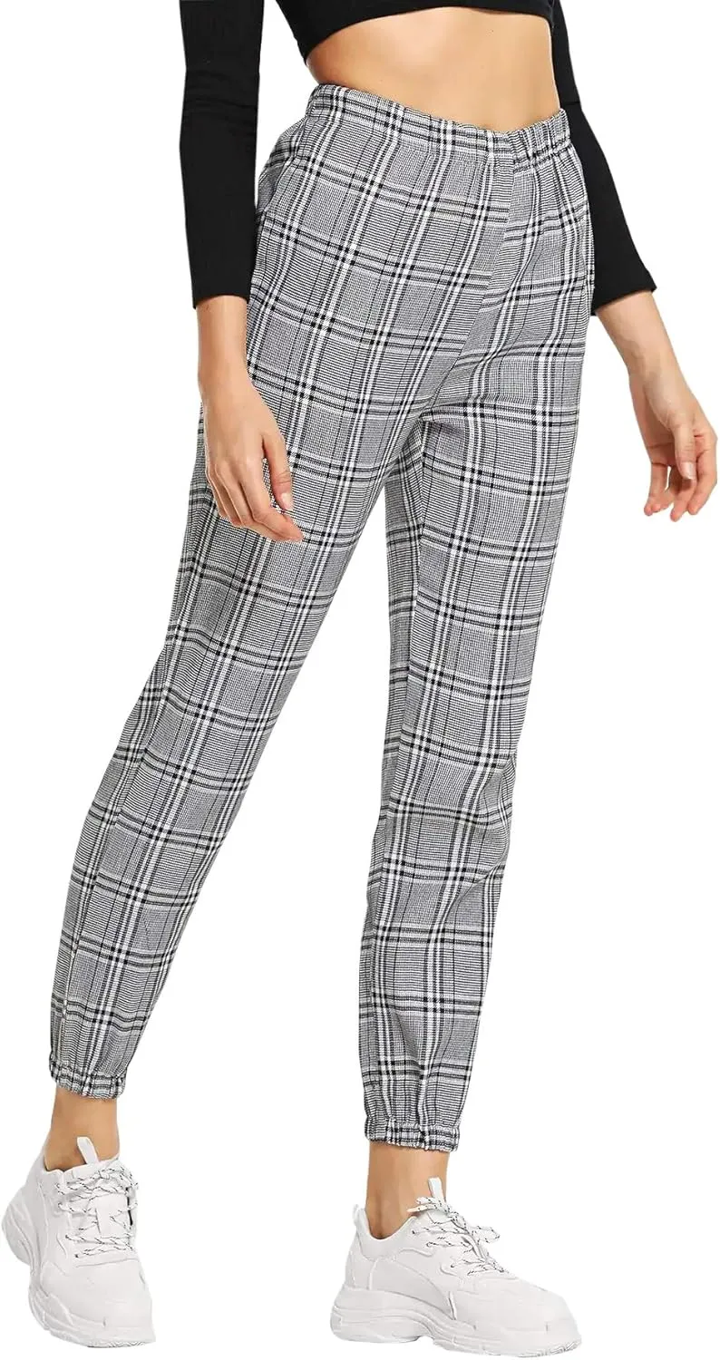 SweatyRocks Women's Tie High Waist Striped Plaid Casual Long Pants with Pockets
